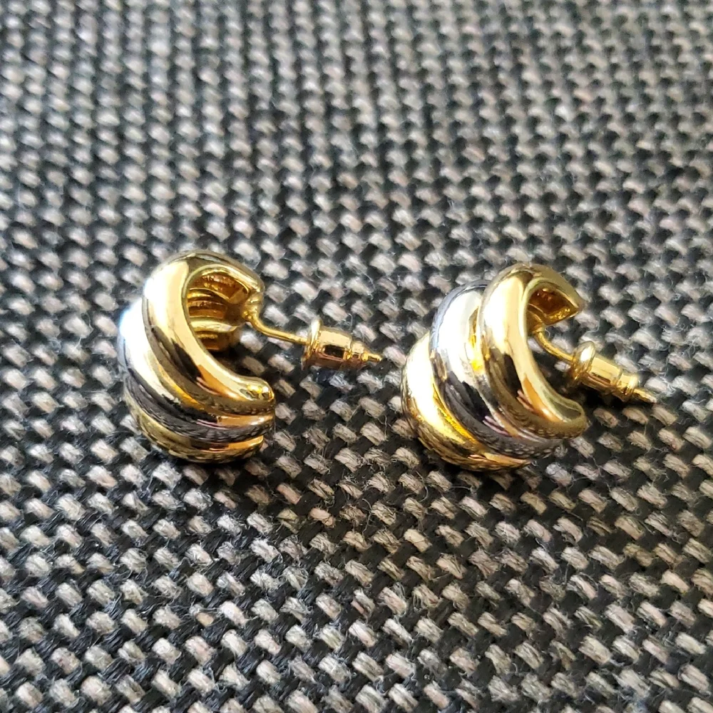 Two Tone Triple Hoop Earrings Gold Silver Mixed Metal Chunky J-Hoops Post Back